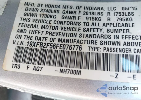 2015 Honda Civic Lx from USA, damaged, VIN 19XFB2F56FE076776